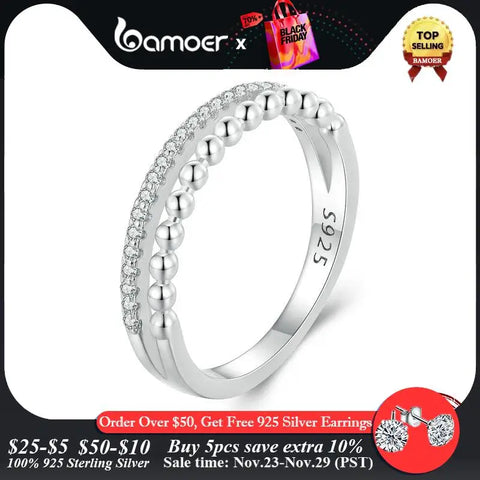 Bamoer 925 Sterling Silver Double Layer Ring Stackable Finger Ring for Women Engagement Band Fine Jewelry Gift
