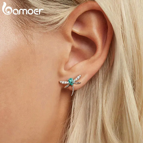 BAMOER Hypoallergenic Platinum Plated Dragonfly Stud Earrings 925 Sterling Silver Dainty Insect Earrings for Women