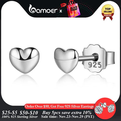 BAMOER 100% 925 Sterling Silver Petite Plain Hearts Stud Earrings for Women Silver Small Earrings Fine Jewelry brincos PAS441