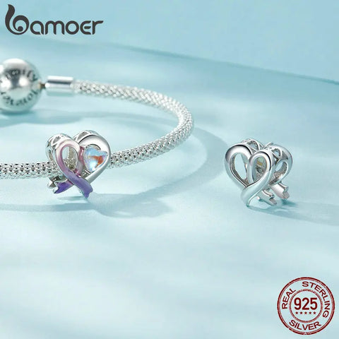 BAMOER 925 Sterling Silver Faith Heart Beads Purple Ribbon Charms Plated Platinum Fine Jewelry for Women Bracelet DIY