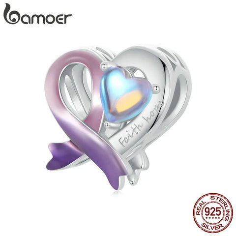 BAMOER 925 Sterling Silver Faith Heart Beads Purple Ribbon Charms Plated Platinum Fine Jewelry for Women Bracelet DIY
