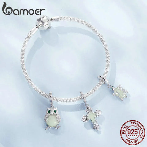 BAMOER Luminous Charms Beads 925 Sterling Silver Owl Pendant Dangle Fit Original Charm Bracelet Jewelry DIY Accessories