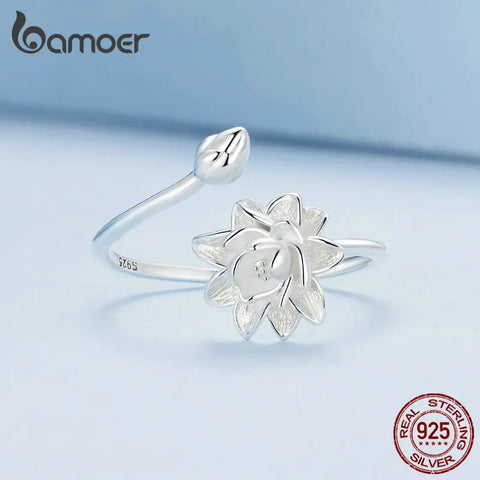 Bamoer 925 Sterling Silver Lotus Opening Ring Flower Adjustable Finger Ring for Women Silver-plated Romantic Fine Jewelry BSR371