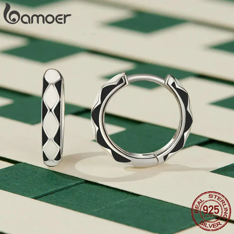BAMOER Platinum Plated Hoop Earrings Checkerboard Bands 925 Sterling Silver Trendy Cute Hypoallergenic Tarnish Earrings