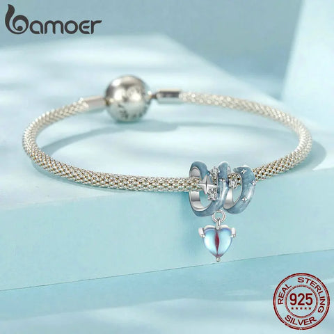 BAMOER Meteor Star Charm for Charm Bracelet, 925 Sterling Silver Heart Pendant Blue Charm with Skin-Friendly Moonstone