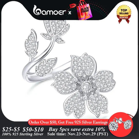 Bamoer 925 Sterling Silver Spring Sakura Opening Finger Ring Flower Adjustable Ring for Women Zircon Fine Jewelry BSR076
