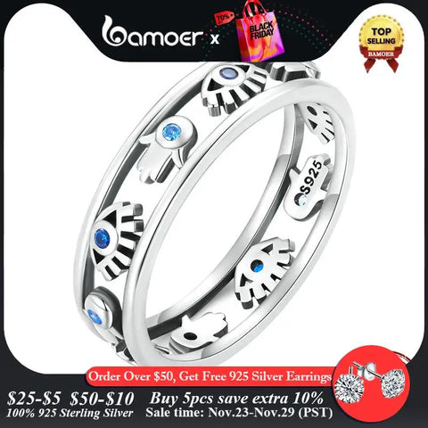 Bamoer 925 Sterling Silver Hollow-out Symbol Guardian Ring Fatima's Hand Devil Eye Finger Ring for Women Lucky Jewelry SCR900