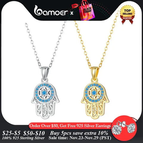 BAMOER Genuine 925 Sterling Silver Trendy Fatima's Guarding Hand Pendant Hamsa Lucky Necklaces for Women  Fine Jewelry Gift