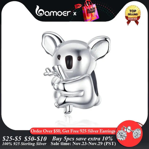 bamoer Zoo Collection Koala Panda Bear Charm Sterling Silver 925 Animal Metal Beads for Original Snake Bracelet Bijoux BSC093