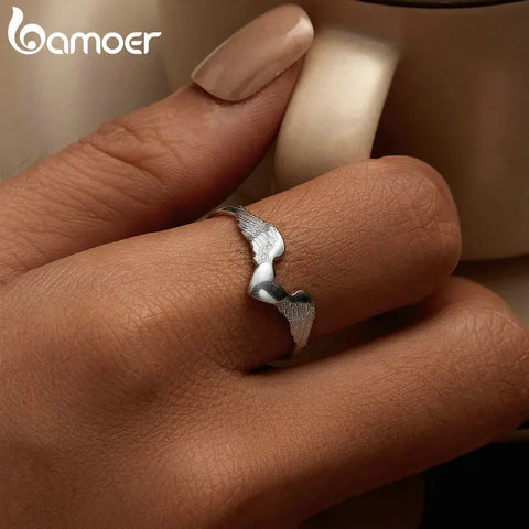 BAMOER 925 Sterling Silver Feather Angel Wings Adjustable Dainty Thumb Ring for Women Sympathy Memory Jewelry Gifts