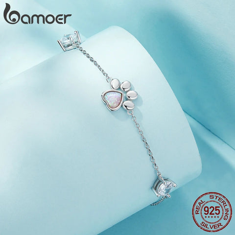 Bamoer 925 Sterling Silver Opal Paw Print Bracelet Original Design Pet Series Bracelet Women Silver Jewelry SCB256