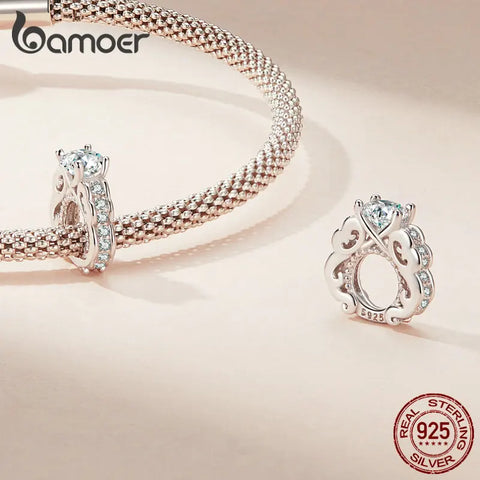Bamoer 925 Sterling Silver Wedding Ring Septal Bead Heart Charms for Women Bracelet DIY Pave Setting CZ Fine Jewelry
