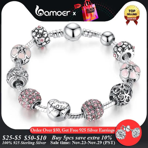 BAMOER Silver Plated Charm Bracelet & Bangle with Love and Flower Beads Women Wedding Jewelry 4 Colors 18CM 20CM 21CM PA1455