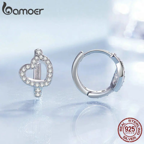 Bamoer 925 Sterling Silver Dazzling Heart Ear Buckles Original Design Hoop Earrings for Women Girls Birthday Fine Jewelry