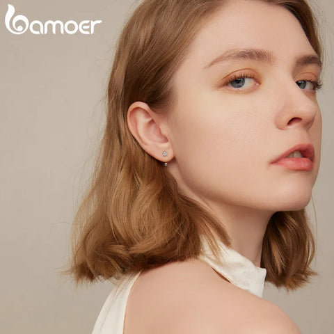 Bamoer 925 Sterling Silver Simple Line Stud Earrings for Women Fine Jewelry Cubic Zirconium Geometric Earrings Wedding Gift