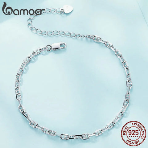 Bamoer 925 Sterling Silver 3mm Basic Bracelet Square Shaped Chain Link Silver Jewelry For Men & Women SCB254