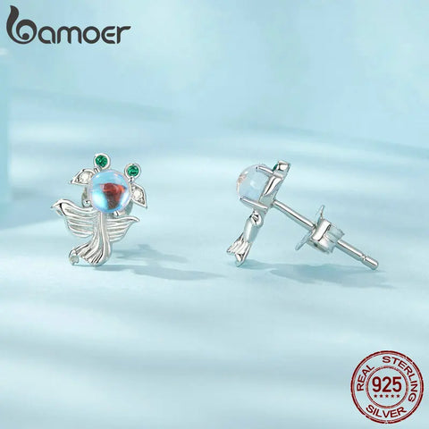 BAMOER 925 Sterling Silver Blue Moonstone Stud Earrings Mudskipper Fish Earings for Women Birthday Cute Fine Jewelry Gift