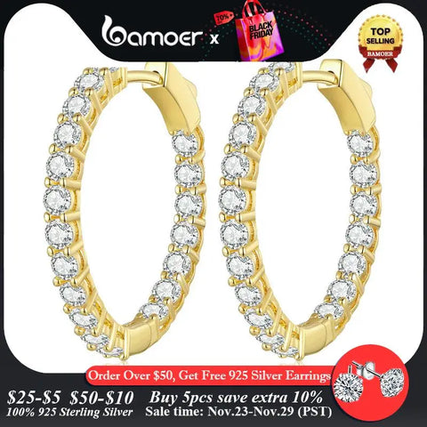 Bamoer Luminous Cubic Zirconia Ear Buckles Classic Round Hoop Earrings for Women Birthday Gift Hyperbole Earrings Jewelry