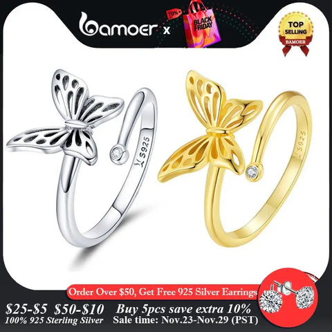 BAMOER Authentic 925 Sterling Silver Cute Butterfly Adjustable Finger Rings, 14K Gold Plated Adjustable Ring 2 Colors
