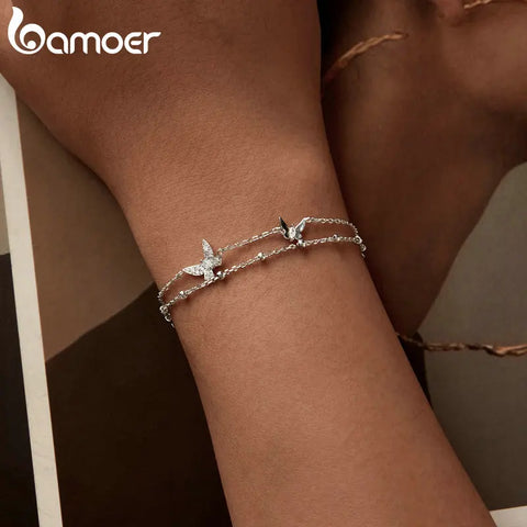 BAMOER Womens Double-Layer Butterfly Bracelet 925 Sterling Silver CZ Layered Bracelet Dainty Beaded Chain Adjustable 5.9"+2.3"