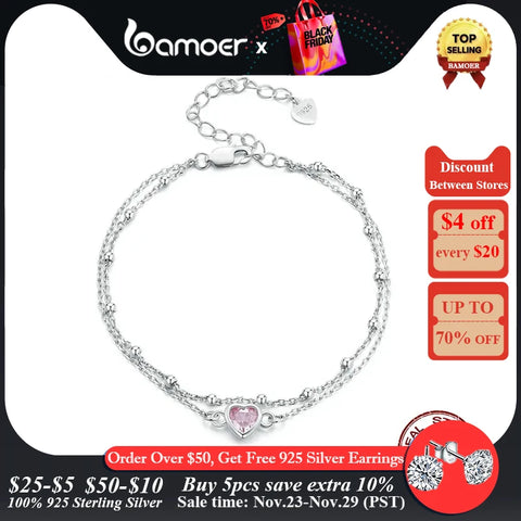 Bamoer 925 Sterling Silver Double Layer Bracelet Barbie Pink Heart Adjustable Chain Link for Women Valentine's Day Gift