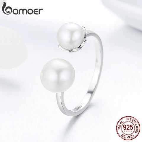 Bamoer 925 Sterling Silver Double Shell Pearl Adjustable Ring Luxury Quality Pearl Opening Ring for Women Fine Jewelry SCR192