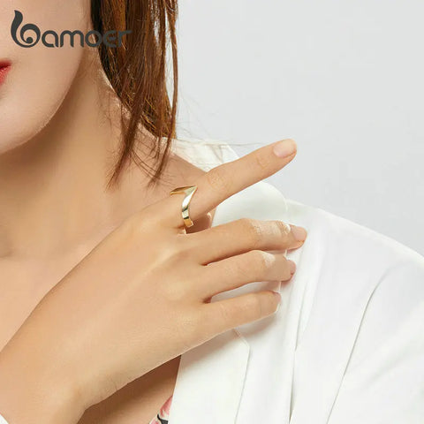 BAMOER Authentic 925 Sterling Silver Wave Geometric Love Adjustable Finger Rings for Women Wedding Engagement Jewelry SCR470