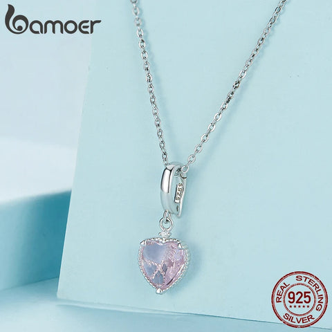 Bamoer 925 Sterling Silver Pink Heart Hanging Beads Hollow-out Love Pendant  Charms for Women Bracelet Necklace DIY