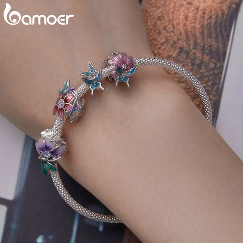 Bamoer 925 Sterling Silver Flower & Bird Bead Butterfly Charms for Women Original Bracelet & Bangle Enamel Process Fine Jewelry