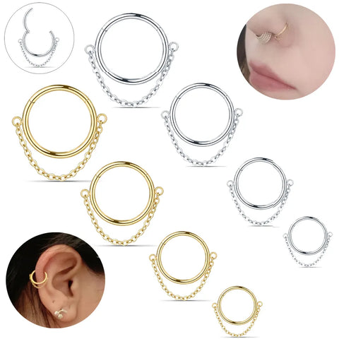 1PC Surgical Steel Hinged Segment Nose Clicker Septum Ring with Chain Nose Ring Cartilage Earring Helix Piercing Body Jewelry