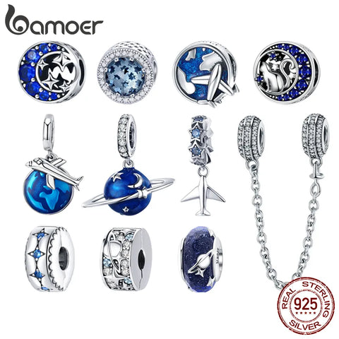Bamoer 925 Sterling Silver Universe Series Star & Moon Beads Blue Planet Pendant Charms for Women Bracelet DIY Fine Jewelry Gift