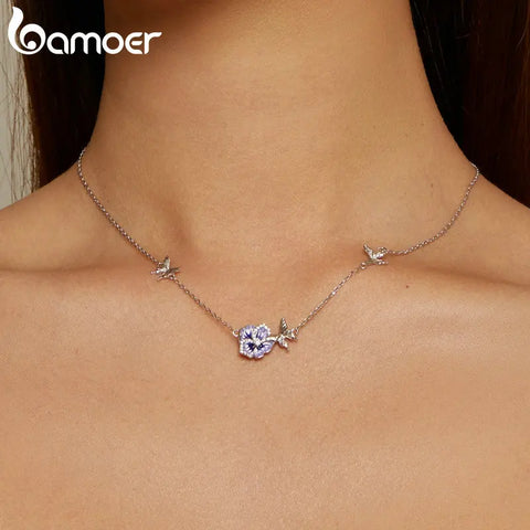 Bamoer 925 Sterling Silver Purple Enamel Pansy Flower Pendant Necklace Dancing Butterfly Adjustable Neck Chain for Women BSN336