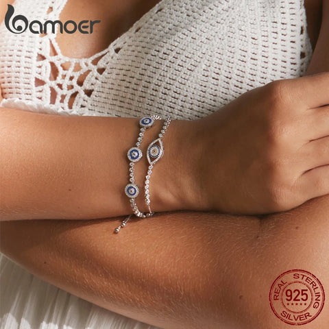 Bamoer Genuine 925 Sterling Silver Luxury Round Blue Evil Eyes Clear Cubic Zircon Crystal Tennis Bracelet Jewelry SCB002