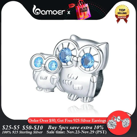 bamoer Owl Mom and Baby Metal Charm 925 Sterling Silver Animal Guardian Charm fit Original Bracelet Jewelry Accessories BSC238