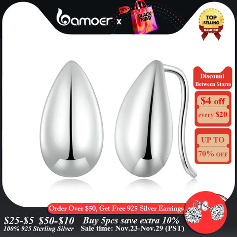 Bamoer Authentic 925 Sterling Silver Glossy Waterdrop Earrings Teardrop Stud Earrings for Women Simple Fine Jewelry Gift BSE869