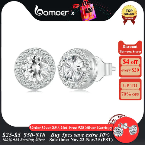 BAMOER Platinum Plated Halo CZ Stud Earrings 925 Sterling Silver Hypoallergenic Classic Elegant Earrings Fashion Jewellry BSE893