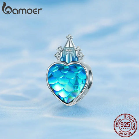 Bamoer 925 Sterling Silver Blue Castle Bead Fish Scale Pattern Charms for Women Bracelet Bangle DIY Birthday Gift Jewelry BSC720