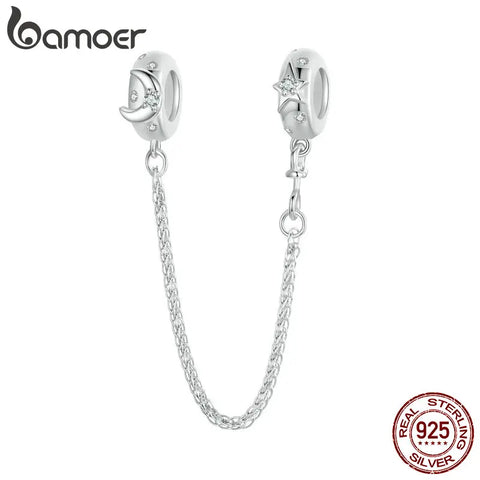 Bamoer 925 Sterling Silve Star and Moon Safety Chain Charms for Women fit Original Silver Bracelet DIY Fine Jewelry Accessories