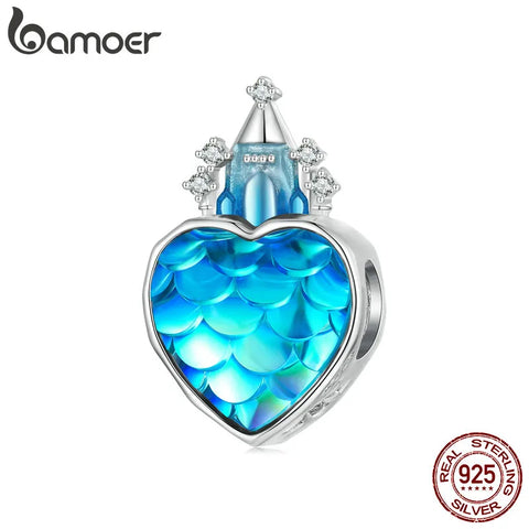 Bamoer 925 Sterling Silver Blue Castle Bead Fish Scale Pattern Charms for Women Bracelet Bangle DIY Birthday Gift Jewelry BSC720