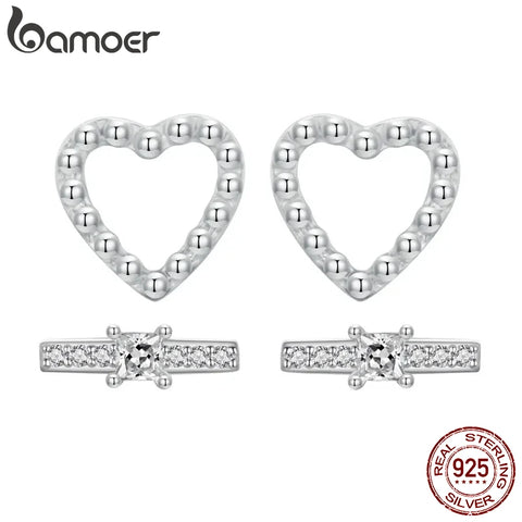 BAMOER 925 Sterling Silver Delicate Mini Line Stud Earrings Sparkling Zircon Earrings for Women Engagement Party Jewelry
