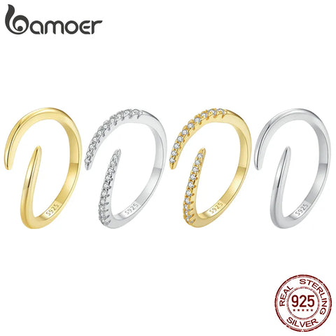 Bamoer 925 Sterling Silver Simple Geometric Line Adjustable Ring Snake Tail Opening Ring Platinum Plated Fine Jewelry for Women