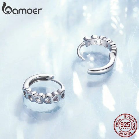 Bamoer 925 Sterling Silver Hollow Heart Ear Buckles Classic Round Hoop Earrings for Women Girls Original Design Fine Jewelry