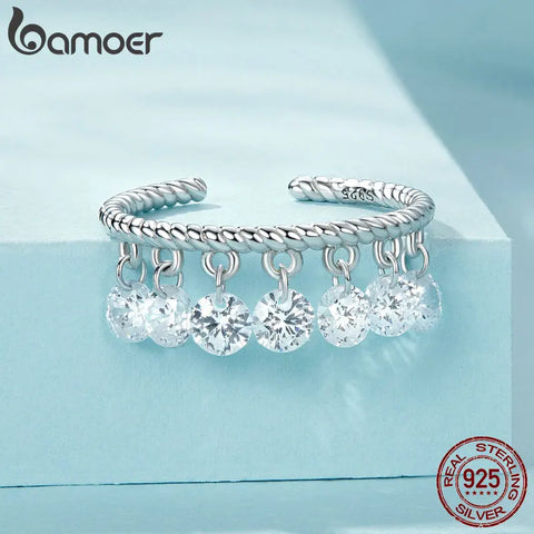 BAMOER 925 Sterling Silver Exquisite Tassel Opening Ring Mini Zircon Pendant Adjustable Ring for Women Party