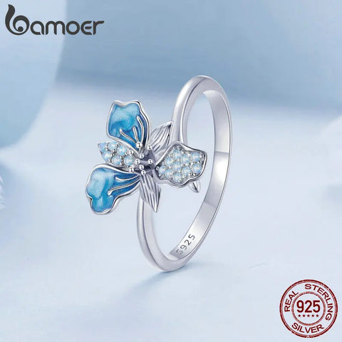 BAMOER 925 Sterling Silver Blue Iris Adjustable Ring Exquisite Enamel Flower Opening Ring for Women Party Fine Jewelry