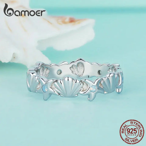 Bamoer 925 Sterling Silver Opal Starfish and Shell Finger Ring Platinum Plated for Women Trendy Fine Jewelry BSR430