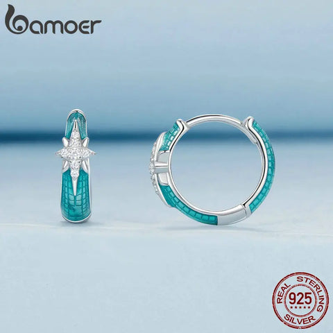 BAMOER 925 Sterling Silver Star Earings for Women U Shaped Hoop Earrings Enamel Cubic Zirconia Hypoallergenic Fashion Earrings