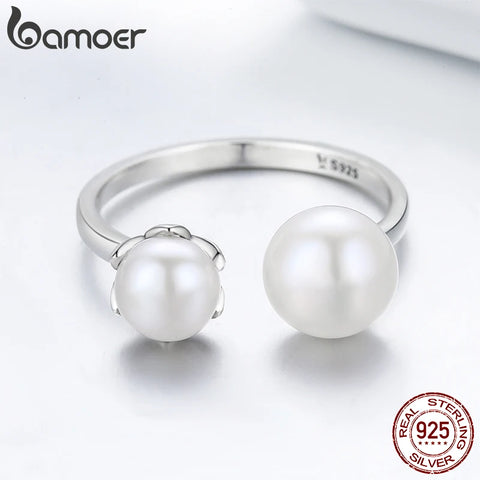 Bamoer 925 Sterling Silver Double Shell Pearl Adjustable Ring Luxury Quality Pearl Opening Ring for Women Fine Jewelry SCR192