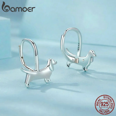 BAMOER 925 Sterling Silver Lovely Dachshund Ear Buckles Cute Dog Hoop Earrings for Women Party Fine Jewelry Gift