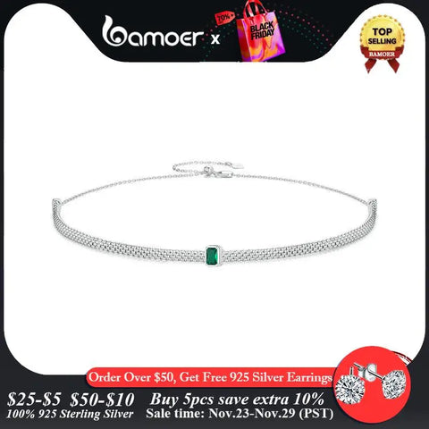 Bamoer 925 Sterling Silver Elegant Emerald Necklace Retro Braided Silver Neck Chain for Women Birthday Gift Fine Jewelry
