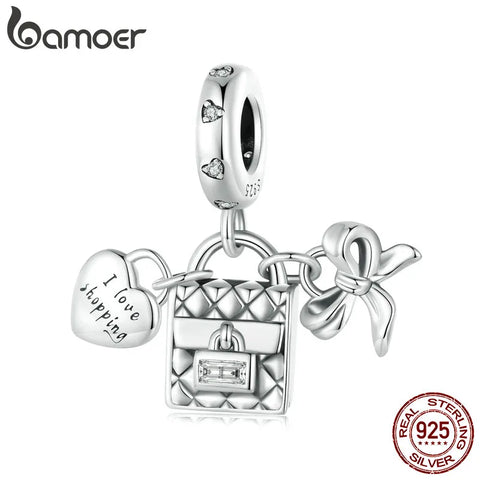 BAMOER 925 Sterling Silver I Love Shopping Charms Bag and Bowknot Beads Fit Original Bracelets Women DIY Jewelry Accessories